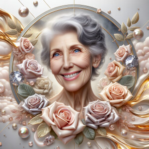 A horizontal portrait of a thinner, smiling curvy 80 year old Ca...