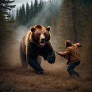 A grizzly bear fiercely attacking a humanoid looking Bigfoot cov...