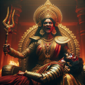 portrait of angry looking goddess durga, sitting on a gold crown and carrying a weak mahishasur on her lap and stabbing him with her amazingly designed trident. She is wearing gold armor, a huge gold crown, red saree, abundant gold jewelry, covered in blood. The scene is set in ancient India. The image is 8K resolution, cinematic, ultra detailed face and epic.