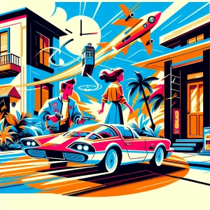 Illustrate famous scenes from "Back to the Future," in a stylize...