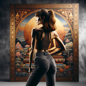 Athletic Thin skinny Attractive, Asian teenage girl, long brown hair and bangs, wearing tight skinny jeans and a halter top paint marks on her clothing, heroic pose Asian graffiti background, backside view