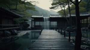 A minimalist Japanese zen composition with soft silver foil gent...