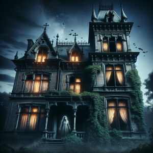 An abandoned mansion. Lights are on in some windows. And a ghost...