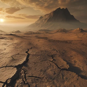 A baron battlefield desert during sunrise hundreds of miles with...