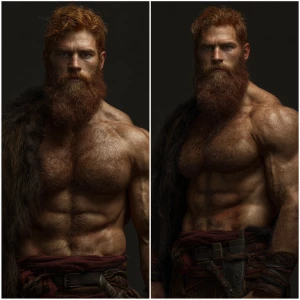 Create an image of a muscular man with a Viking aesthetic, simil...