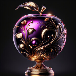 Envision a lustrous, oversized apple with a surface that gleams in a radiant shade of purple, as if lacquered to a high shine, reflecting light from its smooth, curvaceous form. The apple is adorned with elegant gold leaf patterns that swirl luxuriously around its contour, bringing a baroque opulence to its appearance. The stem, a bronzed sculpture in itself, supports a single leaf that seems to glow with an inner luminescence. At the apple’s base, a collection of flowers blooms, their petals softening the scene with organic shapes and colors that harmonize with the vibrant purple and gold. Incorporated into the metallic filigree in an artful script is the name "Karen," as if the apple were personally inscribed, enhancing the custom and bespoke quality of the piece.