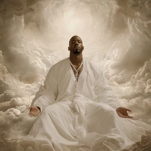 Rapper DMX depicted as a serene figure surrounded by ethereal li...