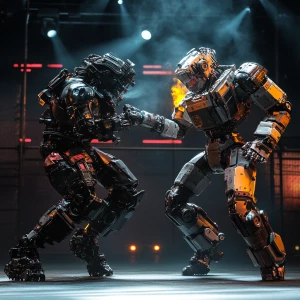 Visualize an intense battle between two humanoid robots, each po...