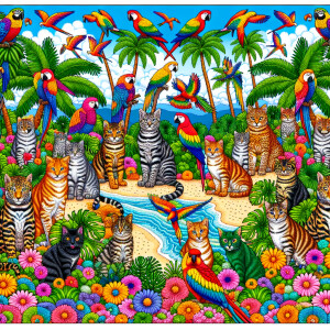 A cartoon of a colorful vacation island with mostly cats feature...