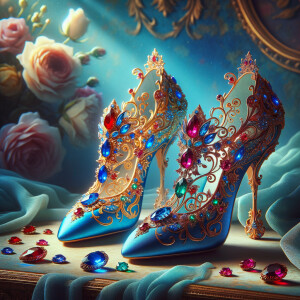 Imagine a pair of enchanting shoes, each a mirror image of the other, placed gracefully upon a regal surface. They are bathed in the soft, diffuse light that casts gentle reflections upon their silk fabric. These shoes are no ordinary footwear; they are a masterpiece of vibrant royal blue, adorned with ornate golden filigree and a multitude of glittering jewels in various hues—rubies, sapphires, emeralds, and delicate pink diamonds. Each shoe boasts an elegant, curved heel in a matching vivid blue, with tiny red and blue gems accenting the base. The shoes are positioned against a backdrop of soft-focus flowers, their pastel colors complementing the rich tones of the shoes, with hints of gold framing providing a touch of opulence. This image captures the essence of a fairy tale brought to life, a visual symphony of color and splendor.