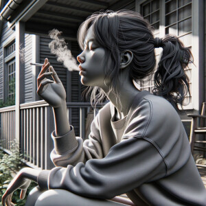 Girl with pigtails smoking a cigarette on the porch.