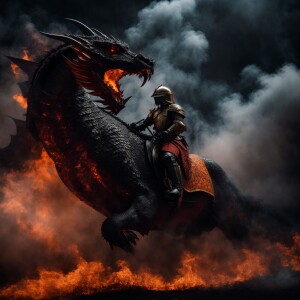 fiery knight flies on a dragon in armor, dark smoke in the backg...