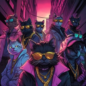 A group of cool gangster cats in an urban environment, wearing s...
