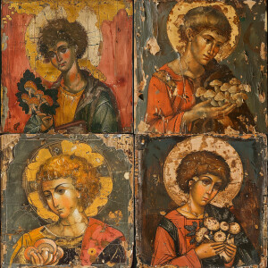 Style An ancient Russian icon, it depicts a young, informal-look...