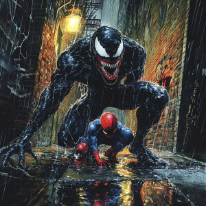 Image an image of Venom on a firescape above and Spider-Man over...