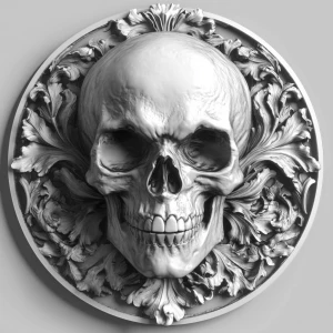 Design a high-contrast grayscale 3d bas relief of artistic skull, The composition should be circular like a coin emblem, designed for CNC routing with balanced lighting to accentuate fine details, sharp edges, and distinct textures. Employ deep shadows and strong highlights to define planes and surfaces clearly.