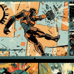 Collage-style comic: 1) robot ninja battling a robot in a splash...