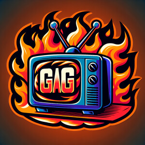 Tube TV with the word “GAG” on the screen on fire cartoon logo