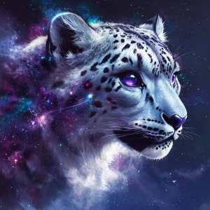 Generate an ultra-realistic image of a snow leopard infused with a cosmic theme; its fur should artfully incorporate celestial patterns like stars and nebulas, and it should have luminous purple eyes that stand out.