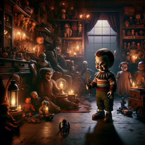 "Imagine a detailed, horror-inspired scene featuring a miniature...