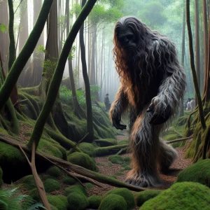 A humanoid looking hair covered sasquatch walking through the dense forest in China