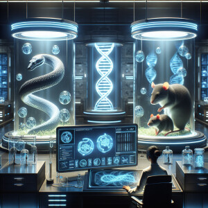 Design a futuristic laboratory scene in a realistic 3D-rendered...