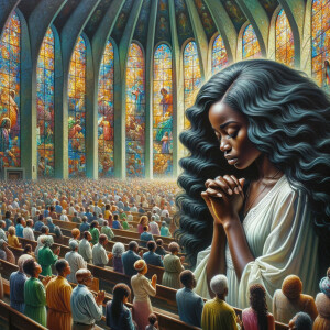 An oil painting depicting an African-American woman with long, wavy black hair, deeply immersed in prayer within a vibrant church setting. She is surrounded by a congregation of African-American individuals, all collectively engaged in worship and praise. The church is adorned with vividly colored stained glass windows, casting a mosaic of light that adds to the spiritual ambiance of the scene.