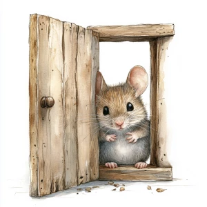 Mouse peeking through a small vintage open door. Watercolor styl...