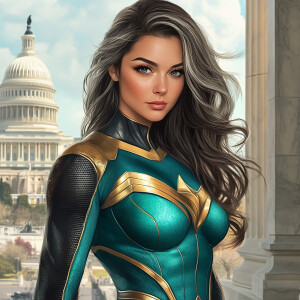 Create a realistic image of a wavy shoulder length brunette with...