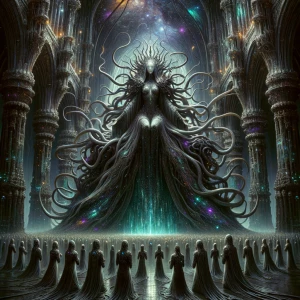 "Inside a colossal temple carved from black stone and bone, the...