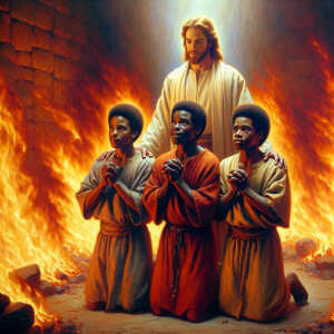 Compose an oil painting depicting three African-American boys ab...