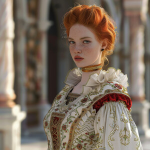 Create a photorealistic image of a light ginger-haired model wal...