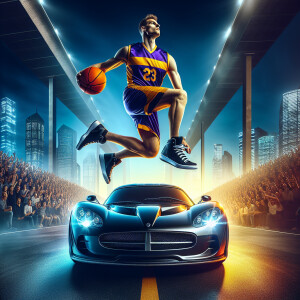 Kobe Bryant jumping over a Lamborghini with a basketball in his...