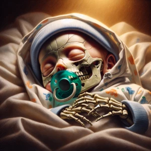 A soft, airbrush oil painting of a newborn skeleton baby, peacef...