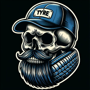 An evil skull with a beard, wearing a blue Goodyear baseball cap...