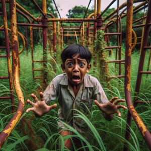 A boy stands in fright on an abandoned rusty overgrown playgroun...