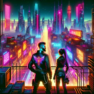 A rooftop view of a sprawling neon-punk city, with towering skyscrapers glowing in brilliant colors. In the foreground, a man and woman in edgy, cyberpunk attire stand side by side, surveying the city below. The air is filled with faint, glowing particles and the distant hum of traffic and electric advertisements.