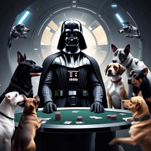 Darth Vader playing poker with different breeds of dogs, each sh...