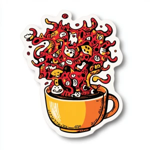 die-cut sticker design of a coffee cup, overflowing with a chaot...
