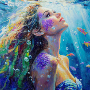 Underwater mermaid portrait, beautiful woman with iridescent pur...