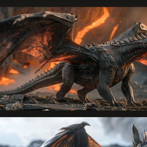 Hyperrealistic, photo-real dragon — Vezonar, massive ash-black m...
