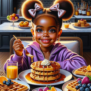 Oil painting in a luxurious kitchen sitting in a chair at the br...