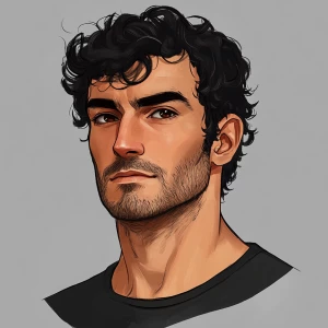 Well done handsome man with black curly hair, short hair, thick...