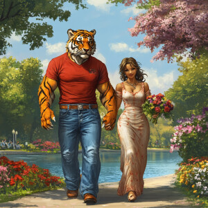 Create an image of a muscular, anthropomorphic male tiger in blu...