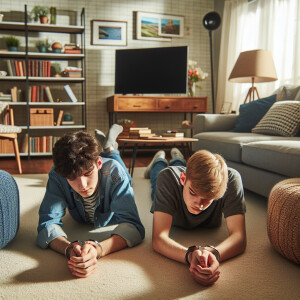 two white male youth handcuffed laying face down in a living roo...