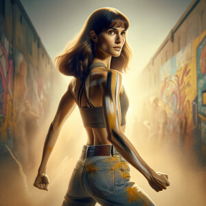 Athletic Thin skinny Attractive, Asian teenage girl, long brown hair and bangs, wearing tight skinny jeans and a halter top paint marks on her clothing, heroic pose Asian graffiti background, backside view