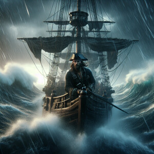A pirate sailing a ship through a stormy sea 8k resolution, film...
