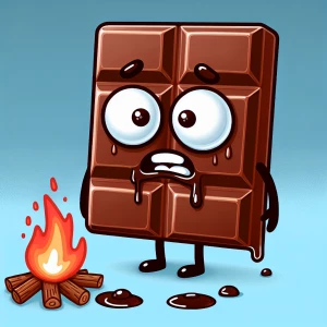 An anxious-looking cartoon chocolate bar character with googly e...