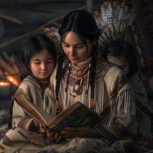 Create a realistic 8k 4d image of a native american woman sittin...
