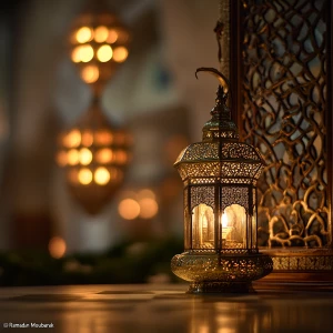 Ein Bild mit dem Text " Ramadan Moubarak" in einem orientalische...